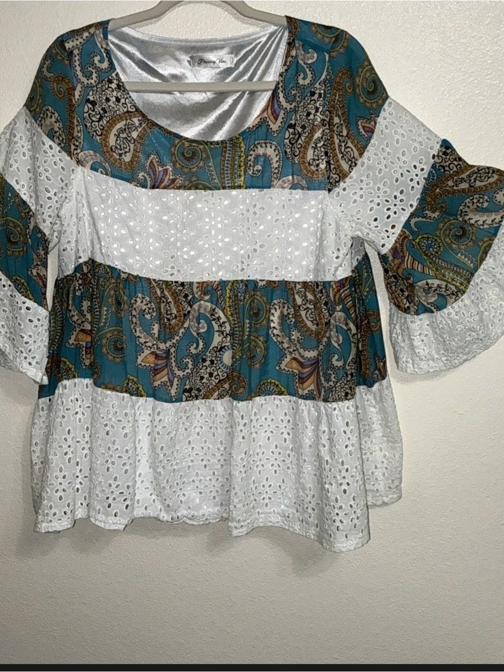Boho Paisley Eyelet Tiered Blouse - Teal White